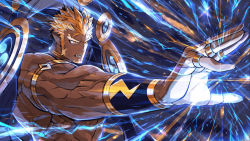 Rule 34 | 1boy, abs, armband, bara, blonde hair, bracelet, collar, dark-skinned male, dark skin, electricity, facial hair, fangs, floating, floating object, gyee, jewelry, long sideburns, male focus, manly, muscular, muscular male, nikism, official art, open mouth, pointy ears, raikoh (paradiso guardian), ring, sideburns, slit pupils, solo, spiked hair, stubble, thick arms, thick eyebrows, topless male, upper body, veins, veiny arms, yellow eyes