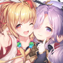 Rule 34 | 2girls, animal ears, bare shoulders, blonde hair, blush, cape, cheek-to-cheek, commentary request, detached sleeves, dress, granblue fantasy, hair between eyes, hair ornament, hair over one eye, hair stick, harvin, heads together, long hair, long sleeves, looking at viewer, mahira (granblue fantasy), midriff, multiple girls, niyon (granblue fantasy), open mouth, outstretched hand, pointy ears, ponytail, portrait, purple eyes, purple hair, reaching, reaching towards viewer, red eyes, sidelocks, smile, topia, very long hair, wide sleeves