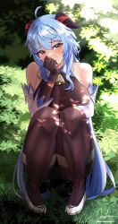 Rule 34 | 1girl, absurdres, ahoge, artist name, bare shoulders, bell, blue hair, blush, bodystocking, breasts, chinese knot, commentary, covered mouth, detached sleeves, full body, ganyu (genshin impact), genshin impact, gloves, goat horns, grass, highres, horns, large breasts, long hair, looking at viewer, low ponytail, neck bell, outdoors, purple eyes, raised eyebrows, shoes, sidelocks, signature, solo, squatting, thighs, twomoon, very long hair, wavy hair
