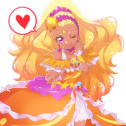 Rule 34 | 1girl, ;), amamiya elena, blonde hair, choker, closed mouth, collarbone, commentary request, cure soleil, dark skin, dark-skinned female, earrings, eyebrows, heart, highres, jewelry, long hair, looking at viewer, magical girl, nijigami rin, one eye closed, precure, purple choker, purple eyes, simple background, smile, solo, spoken heart, star (symbol), star twinkle precure, white background, wrist cuffs