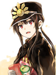 Rule 34 | 1boy, :d, black cape, black hair, black hat, cape, family crest, fate/grand order, fate (series), hair between eyes, hat, highres, koha-ace, long hair, looking at viewer, low ponytail, male focus, oda nobukatsu (fate), oda uri, open mouth, peaked cap, ponytail, red eyes, red shirt, shirt, sidelocks, smile, solo, tachitsu teto, upper body, white background