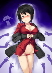 Rule 34 | 1girl, ahoge, bad id, bad pixiv id, black hair, blush, breasts, cleavage, groin, kuronyan, large breasts, luciana mazzei, miyafuji yoshika, navel, off shoulder, one eye closed, panties, panty pull, short hair, silhouette demon, strike witches, strike witches: kurenai no majo-tachi, sweat, underwear, wink, world witches series, you gonna get raped