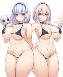 Rule 34 | 2girls, azur lane, bikini, blush, breasts, choker, cleavage, collarbone, curvy, dido (azur lane), doll, earrings, feet out of frame, frilled choker, frills, glass, hairband, hand on breast, hand on own hip, heart, heart earrings, jewelry, kuavera, large breasts, looking at viewer, maid, maid bikini, multiple girls, navel, pink eyes, sirius (azur lane), skindentation, swimsuit, thighs, tray, unconventional maid, white background, yellow eyes