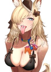 Rule 34 | 1girl, 360 (taiyo360), absurdres, animal ear fluff, animal ears, arknights, bikini, black bikini, black bow, black hat, blonde hair, blue eyes, bow, bow bikini, breasts, cleavage, drugs, garrison cap, hair bow, hair over one eye, hat, highres, horse ears, horse girl, horse tail, large breasts, long hair, long tongue, looking at viewer, pill on tongue, simple background, solo, swimsuit, tail, tongue, tongue out, upper body, whislash (arknights), white background