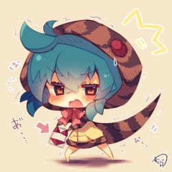 Rule 34 | 10s, 1girl, ^^^, arrow (symbol), bikini, blue hair, blush, bow, brown eyes, chibi, commentary request, full body, hair between eyes, holding, hood, hood up, hoodie, kemono friends, looking at viewer, muuran, open mouth, pink bow, red bikini, signature, snake tail, solo, standing, striped clothes, striped hoodie, striped tail, swimsuit, tail, trembling, tsuchinoko (kemono friends), wavy mouth