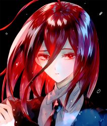 Rule 34 | ahma, androgynous, black background, black necktie, black shirt, cinnabar (houseki no kuni), collared shirt, fingernails, gender request, houseki no kuni, long hair, looking at viewer, nail polish, necktie, parted lips, puffy sleeves, red eyes, red hair, red nails, shirt, simple background, solo, upper body, white shirt, wing collar