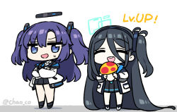 Rule 34 | 2girls, absurdly long hair, aris (blue archive), black footwear, black hair, black skirt, black socks, blue archive, blue necktie, chan co, chibi, closed eyes, commentary, english text, food, full body, grey background, hair between eyes, hairband, halo, holding, holding food, jacket, long hair, long sleeves, looking at viewer, miniskirt, multiple girls, mushroom, necktie, one side up, open mouth, pleated skirt, purple hair, simple background, skirt, smile, socks, standing, teeth, thighs, twitter username, two side up, upper teeth only, very long hair, white background, white footwear, white jacket, yuuka (blue archive)
