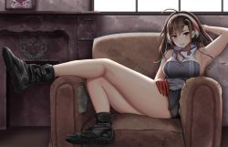 Rule 34 | 1girl, ahoge, anchor hair ornament, arm behind head, armpits, azur lane, bad id, bad pixiv id, black footwear, blush, boots, breasts, brown hair, chin gero, closed mouth, couch, day, earrings, hair ornament, hairband, independence (azur lane), jewelry, large breasts, long hair, looking at viewer, low ponytail, miniskirt, parted lips, pleated skirt, red eyes, sidelocks, sitting, skirt, slit pupils, smile, solo, sunlight, thighs, very long hair, window
