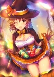 Rule 34 | 10s, 1girl, breasts, brown eyes, brown hair, candy, cleavage, clothes lift, food, halloween, hat, idolmaster, idolmaster cinderella girls, kara (color), lifting own clothes, matching hair/eyes, namiki meiko, open mouth, short hair, skirt, skirt lift, smile, solo, wavy hair, witch hat
