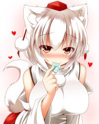 Rule 34 | 1girl, :3, animal ears, bad id, bad pixiv id, bare shoulders, blush, breasts, condom, condom in mouth, detached sleeves, hajime (ak-r), hat, inubashiri momiji, large breasts, leaning forward, mouth hold, nose blush, red eyes, red skirt, seductive smile, shirt, skirt, sleeveless, sleeveless shirt, smile, solo, tail, tokin hat, touhou, white hair, wolf ears, wolf tail