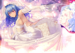 Rule 34 | 1girl, ahoge, armpits, ass, azur lane, bad id, bad pixiv id, bare shoulders, blue hair, blurry, blurry background, blush, bouquet toss, breasts, bridal veil, bride, church, cleavage, clothes lift, dress, dress lift, drill hair, elbow gloves, floating hair, gloves, hair between eyes, highres, large breasts, lifted by self, light particles, long hair, looking at viewer, outstretched arm, petals, purple eyes, satou daiji, see-through, sideboob, smile, solo, st. louis (azur lane), veil, wedding dress, white dress, white gloves, wind, wind lift
