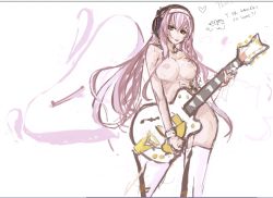 Rule 34 | 1girl, :p, aqua eyes, breasts, censored, convenient censoring, electric guitar, guitar, hifiman, instrument, long hair, megurine luka, nipples, nude, panties (pantsu-pirate), pink hair, solo, thighhighs, tongue, tongue out, vocaloid, white thighhighs