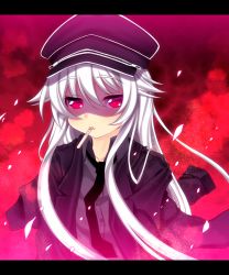Rule 34 | 1girl, aphilia (kiyomin), black necktie, hat, highres, kiyomin, letterboxed, long hair, looking at viewer, mouth hold, necktie, original, red eyes, solo, white hair