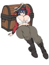 Rule 34 | 1girl, alternate breast size, alternate costume, bandana, black footwear, blouse, boots, breasts, brown pants, brups tv, cleavage, feathers, hat, highres, jacket, jolly roger, kill la kill, large breasts, matoi ryuuko, pants, pirate, pirate costume, pirate hat, red jacket, senketsu, shirt, simple background, skull, skull and crossbones, solo, thighs, tied shirt, treasure chest, white background, white feathers, white shirt
