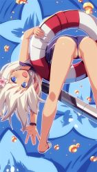 Rule 34 | 10s, 1girl, \||/, abstract background, ass, bent over, blonde hair, blue background, blue eyes, crop top, flower, from behind, hair flower, hair ornament, kantai collection, lifebuoy, long hair, looking at viewer, looking back, open mouth, partially visible vulva, ro-500 (kancolle), sailor collar, school swimsuit, smile, solo, swim ring, swimsuit, swimsuit under clothes, tan, tanline, torpedo, tranquillianusmajor, wristband