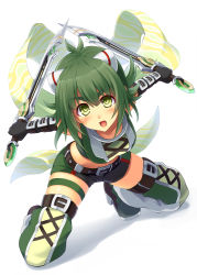 Rule 34 | 1girl, belt, black gloves, breasts, cu-no, dual wielding, eyebrows, fighting stance, gloves, green eyes, green hair, green thighhighs, hair over eyes, hisen kaede, holding, holding sword, holding weapon, kikyou-0423, medium breasts, nonono futaba, shawl, short shorts, shorts, simple background, solo, sword, thighhighs, weapon, white background, zettai ryouiki