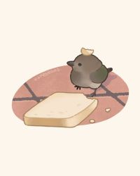 Rule 34 | animal focus, artist name, bad id, bad twitter id, beige background, bird, black eyes, bread, bread slice, commentary, crumbs, english commentary, food, food focus, food on head, full body, highres, jpeg artifacts, kapebeansies, no humans, object on head, original, photo-referenced, signature, simple background