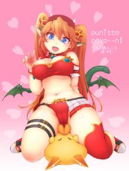 Rule 34 | :d, animal ears, bare shoulders, beret, blue eyes, breasts, cleavage, deto, fangs, hat, highres, long hair, midriff, navel, open mouth, orange hair, red thighhighs, shironeko project, single thighhigh, smile, solo, tail, thighhighs, twintails, wings