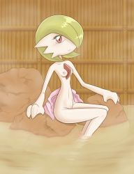 Rule 34 | 1girl, blush, breasts, collarbone, creatures (company), female focus, game freak, gardevoir, gen 3 pokemon, green hair, hair over one eye, highres, kurozu (clarion), looking at viewer, navel, nintendo, nipples, nude, onsen, partially submerged, pink towel, pokemon, pokemon (creature), pokemon rse, pussy, red eyes, rock, short hair, sitting, small breasts, smile, solo, steam, towel, uncensored, water