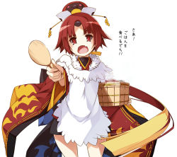 Rule 34 | 1girl, apron, benienma (fate), blush, commentary request, demon girl, fang, fate/grand order, fate (series), hat, holding, japanese clothes, kimono, long hair, long sleeves, looking at viewer, low ponytail, open mouth, parted bangs, red eyes, red hair, shamoji, shikei, simple background, skin fang, solo, translated, white apron, white background, wide sleeves