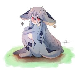 Rule 34 | 1girl, borrowed character, rabbit, copyright request, earrings, furry, grey hair, highres, long hair, momomusan, on ground, red eyes, sitting, tail, tears