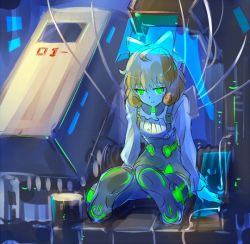 Rule 34 | 1girl, ahoge, android, bow, breasts, cable, commentary, curly hair, dress, empty eyes, freckles, full body, glowing, glowing eyes, green eyes, hair bow, hair ornament, hair ribbon, half-closed eyes, iesupa, laboratory, leaning forward, long sleeves, medium breasts, neon trim, orange hair, parted lips, penny polendina, ribbon, rwby, short hair, sitting, solo, staring, wire