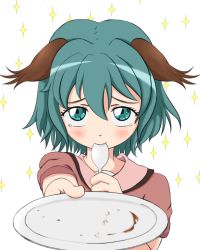 Rule 34 | 1girl, animal ears, blush, chaashuumen, green eyes, green hair, highres, kasodani kyouko, looking at viewer, matching hair/eyes, outstretched hand, plate, pov, short hair, short sleeves, simple background, solo, sparkle, tears, touhou, utensil in mouth, white background