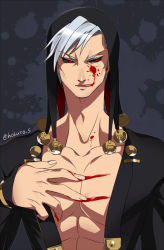Rule 34 | 1boy, black sclera, blood, blood on chest, colored sclera, grey hair, hat, hokuto shun, jojo no kimyou na bouken, male focus, red eyes, risotto nero, solo