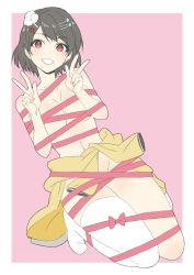 Rule 34 | 1girl, absurdres, asaka shio, black hair, blush, border, clothes around waist, donguri suzume, flower, full body, hair flower, hair ornament, hairclip, hands up, highres, jacket, jacket around waist, kneeling, looking at viewer, nail polish, naked ribbon, navel, pink background, pink nails, pygmalion. (group), red eyes, red ribbon, ribbon, simple background, single thighhigh, sitting, smile, solo, thighhighs, virtual youtuber, w, white border, white thighhighs