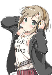 Rule 34 | 1girl, armpits, belt, blush, character name, closed mouth, collarbone, dot mouth, dot nose, forehead, green eyes, hands on own head, headphones, idolmaster, idolmaster cinderella girls, jacket, jewelry, kuresuku (lessons), light brown hair, looking at viewer, necklace, open clothes, open jacket, plaid, plaid skirt, shirt, short hair, simple background, skirt, sleeveless, sleeveless shirt, solo, studded belt, swept bangs, tada riina, upper body, white background