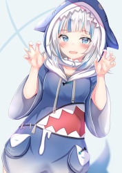 Rule 34 | 1girl, :d, animal hood, arms up, blue background, blue eyes, blue hair, blue hoodie, blue nails, blurry, blurry background, claw pose, collarbone, cowboy shot, fins, fish tail, gawr gura, gawr gura (1st costume), highres, hololive, hololive english, hood, hoodie, long sleeves, looking at viewer, multicolored hair, nail polish, open mouth, shark hood, shark tail, sharp teeth, simple background, smile, solo, standing, streaked hair, tail, teeth, virtual youtuber, white hair, wide sleeves, yuano