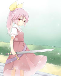 Rule 34 | 1girl, bad id, bad pixiv id, belt, bow, bush, ellipsis (mitei), expressionless, gradient background, hair ribbon, highres, light particles, light purple hair, looking at viewer, ponytail, puffy short sleeves, puffy sleeves, red eyes, ribbon, short hair, short sleeves, simple background, skirt, skirt set, solo, sword, touhou, unsheathed, watatsuki no yorihime, weapon, wind, yellow bow