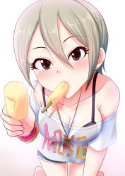 Rule 34 | 1girl, arm support, bare shoulders, barefoot, black bra, black eyes, blush, bra, bracelet, breasts, cleavage, clothes writing, collarbone, denim, denim shorts, earrings, eyelashes, feeding, food, food in mouth, hair between eyes, holding, holding food, idolmaster, idolmaster cinderella girls, incoming food, jewelry, kneeling, leaning forward, looking at viewer, medium breasts, momoda yasuhito, necklace, oversized clothes, popsicle, pov feeding, see-through, shiomi syuko, shirt, short hair, shorts, silver hair, solo, t-shirt, underwear, white shirt
