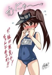 Rule 34 | 10s, 1girl, alternate costume, bad id, bad pixiv id, brown eyes, brown hair, highres, kantai collection, long hair, one-piece swimsuit, ryuujou (kancolle), school swimsuit, swimsuit, translation request, twintails, visor cap, yamato nadeshiko