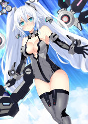 Rule 34 | absurdres, armpits, bare shoulders, black heart (neptunia), blue background, bodysuit, boots, breasts, cleavage, gloves, green eyes, hair ornament, hairclip, haruka, highres, long hair, medium breasts, neptune (series), noire (neptunia), smile, thighs, tsundere, underboob, white hair, wings