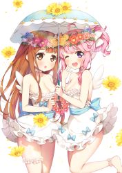 Rule 34 | 2girls, anklet, ayami (annahibi), bare shoulders, barefoot, breasts, brown eyes, brown hair, cleavage, dress, flower, flower wreath, hair flower, hair ornament, head wreath, holding, holding umbrella, jewelry, leg up, long hair, multiple girls, one eye closed, open mouth, original, pink hair, purple eyes, side ponytail, umbrella, white background, wings