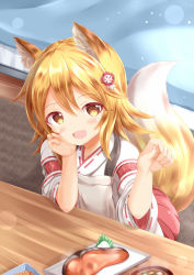 Rule 34 | 1girl, :d, animal ear fluff, animal ears, apron, blonde hair, blush, brown apron, brown eyes, commentary request, fang, fingernails, flower, food, fox ears, fox girl, fox tail, hair between eyes, hair flower, hair ornament, hakama, hakama skirt, hands up, highres, indoors, japanese clothes, kimono, long hair, looking at viewer, nail polish, open mouth, pink nails, red flower, red hakama, ribbon-trimmed sleeves, ribbon trim, senko (sewayaki kitsune no senko-san), sewayaki kitsune no senko-san, short sleeves, sitting, skirt, smile, solo, table, tail, tail raised, white kimono, wide sleeves, xenon (for achieve)