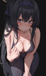 Rule 34 | 1girl, absurdres, alternate breast size, bags under eyes, black background, black bra, black hair, black leggings, blue archive, blush, bra, breasts, cleavage, collarbone, feet out of frame, halo, highres, leaning forward, leggings, leviathan (hikinito0902), light smile, long hair, looking at viewer, medium breasts, ponytail, purple eyes, simple background, solo, sweat, ui (blue archive), underwear, very long hair