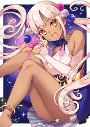 Rule 34 | 1girl, anklet, bare shoulders, barefoot, blue leotard, blue ribbon, blue skirt, bow, breasts, censored, commentary request, dark-skinned female, dark skin, elbow gloves, food, gloves, hair ornament, halterneck, highres, holding, holding food, hololive, hololive english, jewelry, large breasts, leotard, light brown hair, long hair, miniskirt, nebula, neck ribbon, open mouth, overskirt, pink bow, planet hair ornament, pleated skirt, ribbon, sidelocks, skin tight, skirt, solo, space, star (symbol), star censor, tsukumo sana, tsukumo sana (1st costume), twintails, underbust, very long hair, virtual youtuber, watashishi, white gloves, white skirt, yellow eyes