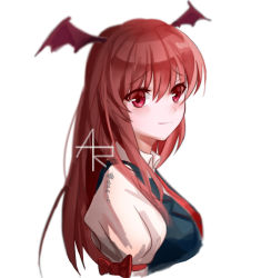 Rule 34 | 1girl, black vest, blush, bow, breasts, commentary request, cropped torso, demon wings, hair between eyes, head wings, highres, koakuma, long hair, looking at viewer, mao wei du jiao shou, medium breasts, necktie, puffy short sleeves, puffy sleeves, red bow, red eyes, red hair, red necktie, shirt, short sleeves, simple background, smile, solo, touhou, upper body, vest, white background, white shirt, wing collar, wings