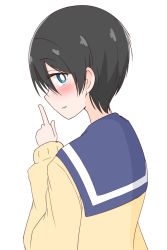 Rule 34 | 1girl, ame (amechan17391739), black hair, blue eyes, blush, bright pupils, finger to mouth, highres, looking at viewer, looking to the side, sailor collar, saitou ena, school uniform, short hair, shushing, simple background, solo, white background, white pupils, yurucamp
