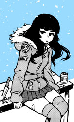 Rule 34 | 1girl, akairiot, bandaid, bandaid on leg, blue background, blue theme, blunt bangs, can, cigarette, fur-trimmed hood, fur trim, highres, hood, jacket, knife, long hair, long sleeves, looking to the side, monochrome, original, pleated skirt, sitting, sitting on table, skirt, skull print, solo, table, thighhighs, thighs
