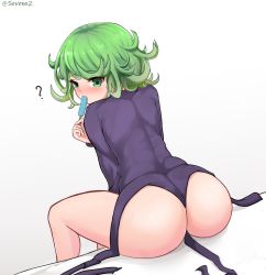 Rule 34 | 1girl, ?green eyes, ass, black dress, blush, commentary, dress, english commentary, food, food in mouth, green hair, highres, holding, holding food, looking back, one-punch man, popsicle, simple background, sitting, solo, soveno, tatsumaki, twitter username, white background