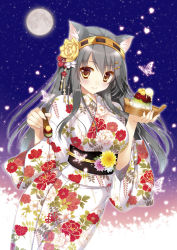 Rule 34 | 10s, 1girl, alternate costume, animal ears, black hair, brown eyes, bug, butterfly, cat ears, cowboy shot, floral print, flower, food, full moon, glowing, glowing petals, hair ornament, hairband, haruna (kancolle), insect, japanese clothes, kantai collection, kemonomimi mode, kimono, long hair, long sleeves, moon, night, obi, petals, pink flower, sash, shaved ice, shigunyan, sky, smile, solo, star (sky), starry sky, white flower, wide sleeves, yellow flower, yukata