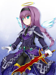 Rule 34 | 1girl, angel wings, armor, black hairband, black necktie, black pantyhose, blue background, closed mouth, commentary request, emil chronicle online, gem, gloves, gluteal fold, gradient background, green eyes, hair between eyes, hairband, halo, highres, holding, holding sword, holding weapon, jacket, long hair, long sleeves, looking away, necktie, pantyhose, pauldrons, ponytail, purple hair, purple jacket, ribbon, shadow, shimo (depthbomb), shiny clothes, shoulder armor, sidelocks, solo, standing, sword, waist cape, weapon, white background, white gloves, white ribbon, white wings, wings