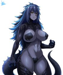 1girl absurdres blue_hair breasts cleft_of_venus colored_skin crossover godzilla godzilla_(series) godzilla_vs._kong grey_skin highres jmg king_kong_(series) large_breasts legendary_pictures long_hair looking_at_viewer monster_girl monsterverse navel personification pussy scales sharp_teeth simple_background solo tail teeth thighs toho white_background yellow_eyes