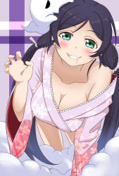 Rule 34 | 10s, 1girl, absurdres, baliu, blush, breasts, cleavage, ghost, green eyes, grin, highres, japanese clothes, kimono, large breasts, long hair, love live!, love live! school idol festival, love live! school idol project, off shoulder, purple hair, saliva, smile, solo, teeth, tojo nozomi, wide sleeves, yukata