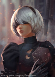 Rule 34 | 1girl, andy liong, artist name, black dress, black hairband, blindfold, commentary, copyright name, cube, dress, english commentary, feather-trimmed sleeves, gloves, hairband, highres, juliet sleeves, lips, long sleeves, mole, mole under mouth, nier (series), nier:automata, photoshop (medium), puffy sleeves, short hair, solo, sword, weapon, white hair, 2b (nier:automata)