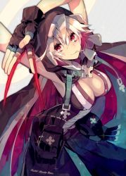 Rule 34 | 1girl, armpits, breasts, candy, cape, cleavage, cosplay, fingerless gloves, food, gloves, guilty gear, guilty gear xrd, highres, hood, jack-o&#039; valentine, lollipop, raven (guilty gear), raven (guilty gear) (cosplay), red eyes, red hair, solo, suzunashi, white hair