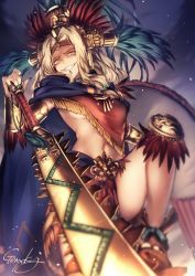 Rule 34 | 1girl, artist name, blonde hair, bracer, breasts, cape, fate/grand order, fate (series), genyaky, green eyes, green nails, grin, headwear request, holding, holding weapon, long hair, looking at viewer, medium breasts, nail polish, navel, quetzalcoatl (fate), sharp teeth, shield, signature, smile, solo, sword, teeth, underboob, weapon